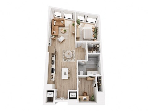 Floor plan for 1 bed, 1 bath, 733 sqft